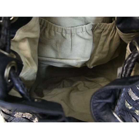 Elliott Lucca BLACK GOLD WOVEN GENUINE LEATHER DRAWSTRING SHOULDER BAG PURSE - Picture 8 of 11